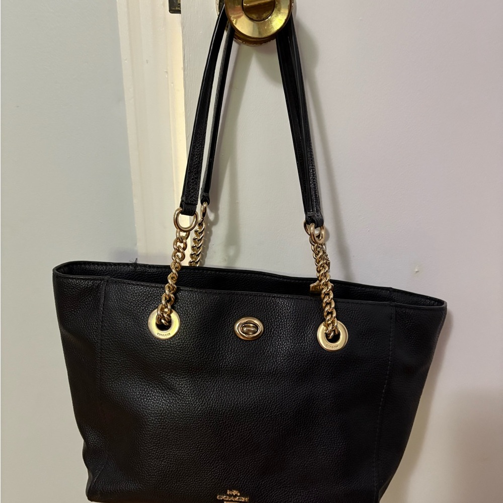 Coach Black Tote with Gold Chain Accents